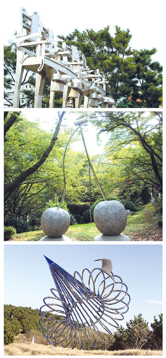 마산조각공원(맨위), 장복산 조각공원에 있는 조각품들.