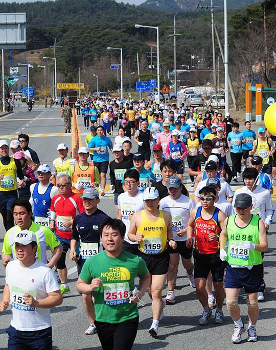제9회 서산마라톤대회가 4일 서산종합운동장에서 열려 10km 부문에 참가한 마라토너들이 힘찬레이스를 펼치고 있다. 특별취재반