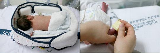  순천향대 천안병원이 무료로 제공하고 있는 발달치료매트(왼쪽)에 아기가 굴곡자세로 누워있는 모습.  사진=순천향대 천안병원 제공
