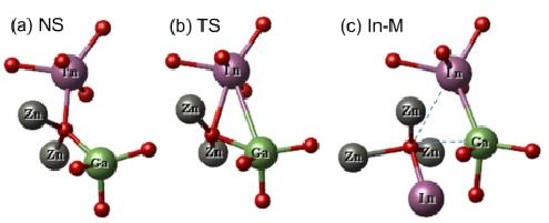 비정질 산화물의 원자구조를 나타내고 있다. 가장 왼쪽은 평소 비정질 산화물의 원자구조로 모든 금속(In, Ga, Zn) 원자가 산소원자(O)와 결합하고 있다. 가장 오른쪽은 불안정성이 나타났을 때의 원자구조로 인듐(In)원자가 다른 금속(갈륨(Ga))원자와 결합하고 있다. 가운데는 그 둘의 중간 상태를 나타낸다.  자료=KRISS 제공