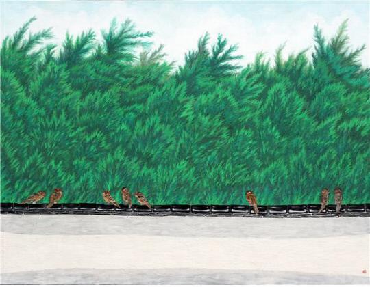 담 위에 서기 , 91.0 x 116.8 cm, panel on bunchae, 2016    이재성 作
