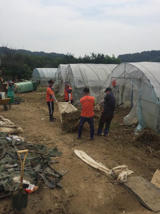 한국타이어 동그라미봉사단 50여명은 지난 21일 집중호우로 피해를 본 충북 청주시 일원 농가를 찾아 봉사활동을 펼쳤다. 사진=한국타이어 제공
