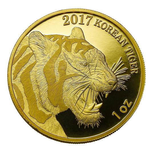 한국조폐공사가 `2017 호랑이 불리온 금 메달`의 국내 판매를 확대한다. 이번 메달은 전국 농협은행 지점을 통해 예약·주문접수 할 수 있다. 사진은 메달 앞면. 사진=한국조폐공사 제공
