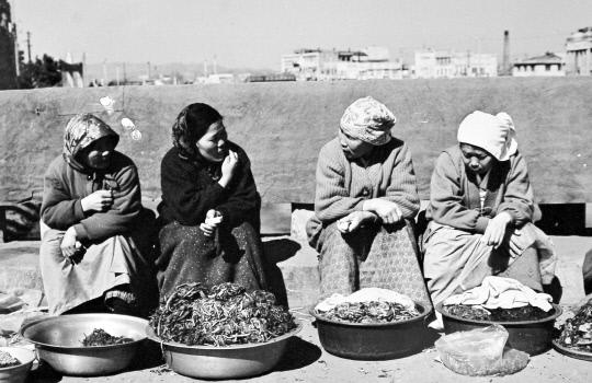 유성 냇가에서 나물파는 여인네들(1962년).
