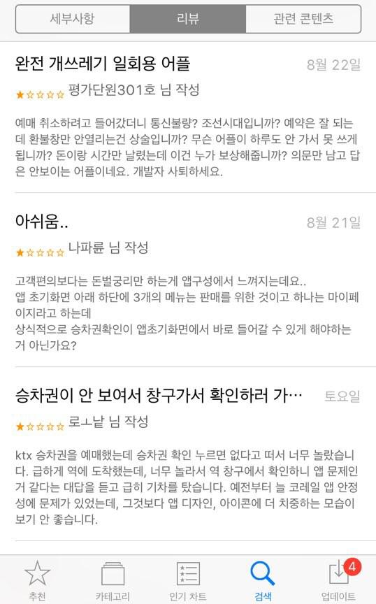 코레일 기차 예매 앱 `코레일톡`의 앱스토어 이용자 리뷰 창. 앱 시스템의 잦은 오류로 이용자들의 불만이 나온다. 조수연 기자
