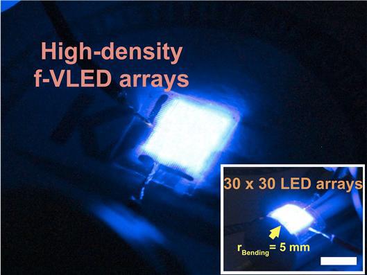 고효율의 유연 수직형 청색 마이크로 LED 어레이 (30x30 어레이)의 구동하는 모습. 사진=한국연구재단 제공
