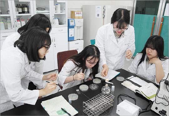 한국식품마이스터고 식품품질관리과 학생들이 미생물 배양 실험을 하고 있다. 사진=한국식품마이스터고 제공
