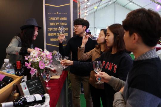 11일 대한민국 와인축제장에서 방문객들이 와인을 시음하고 있다. 사진=영동군 제공.
