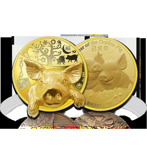 한국조폐공사는 2019 기해년 황금 돼지의 해를 맞아 황금 돼지가 튀어나온 `입체형 황금 돼지 기념 금메달` 2종을 출시했다. 사진은 황금 돼지 기념 금메달 중 엘로우 골드 메달의 모습이다. 사진 = 한국조폐공사 제공 
