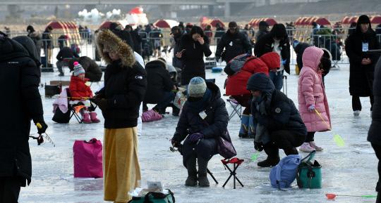 홍천강 꽁꽁축제에서 관광객들이 얼음 구멍에 낚싯대를 드리우고 물고기가 잡히기를 기다리고 있다. 사진=강원일보