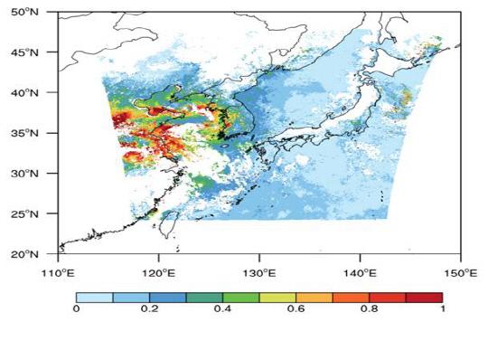 고농도 미세먼지 사례기간인 2019년 1월 11-15일 평균 에어로졸 위성관측 결과. 붉은 색으로 표시된 고동도 미세먼지가 중국에 집중된 모습을 볼 수 있다.
자료=국립환경과학원 제공
