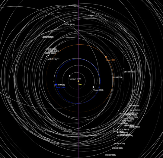 2018 PP29와 2018 PM28의 궤도. 천문연이 지난해 8월과 올해 4월 짧은 관측을 통해 발견한 소행성의 궤도와 위치 중 일부(2019년 7월 1일 기준). 지구(파란색)를 뒤따르는 2018 PM28과, 그림 위쪽에 화성 궤도(황토색)를 너머 이동 중인 2018 PP29의 모습이 보인다. 사진=천문연 제공
