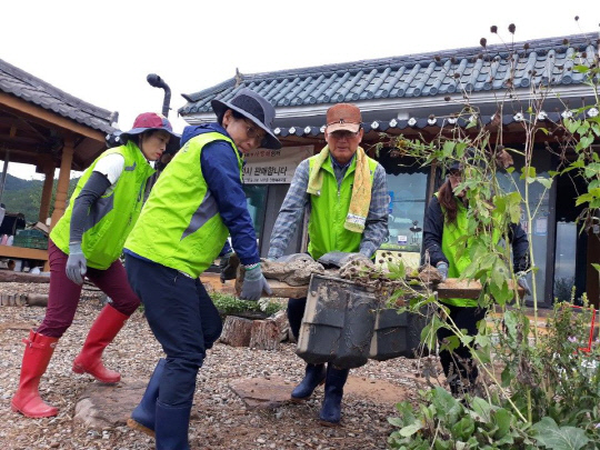 옥천군 자원봉사자들이 경북 영덕군 창수면 주택침수지역에서 봉사활동을 전개하고 있다. 사진=옥천군 제공
