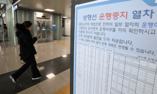 철도노조가 무기한 총파업에 들어간 20일 대전역 대합실에 열차 운행중지 안내문이 설치되어 있다. 빈운용 기자
