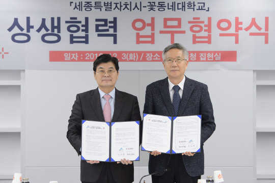 업무협약을 체결한 이춘희 세종시장(좌)와 황선대 총장
