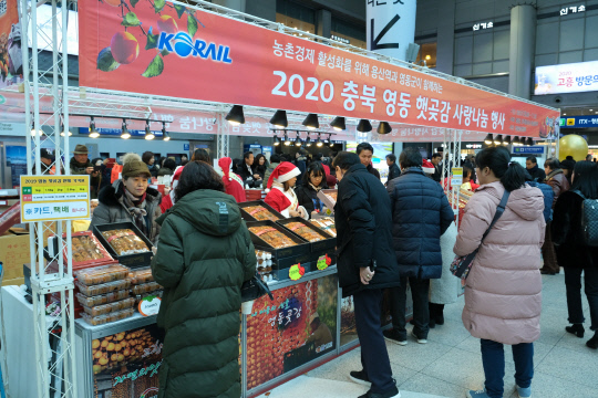 지난 9일 서울 용산역에서 열린 영동햇곶감 판매행사장에서 방문객들이 곶감 판매장을 들러보고 있다. 사진= 영동군 제공.

