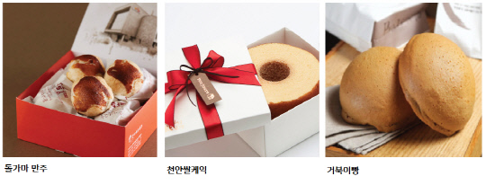 뚜쥬루의 대표제품인 돌가마만주, 천안쌀케익, 거북이빵. 사진=뚜쥬루 제공

