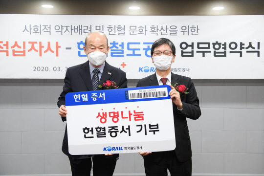 한국철도는 31일 대한적십자사와 `사회적 약자 배려 및 헌혈문화 확산` 업무협약을 맺었다. 사진=한국철도 제공 
