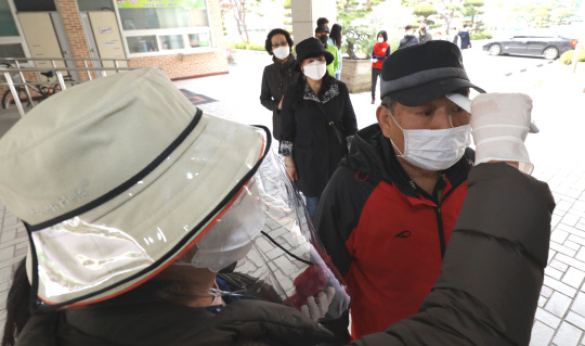 제21대 국회의원 선거일인 15일 대전월평초등학교에 마련된 월평1동 투표소에서 투표사무원이 발열검사를 하고 있다.  빈운용 기자
