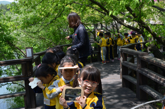 국립칠곡숲체원에서 `오감빙고` 산림교육 프로그램에 참가한 어린이들이 거울을 활용해  숲을 새롭게 바라보는 활동을 하고 있다. 사진=한국산림복지진흥원 제공 
