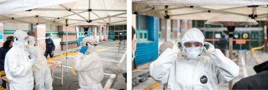 천안충무병원의 외부 선별진료소 의료진들이 디앤에프코리아의 병원용 헤드셋무전기를 착용한 모습. 사진=천안충무병원 제공
