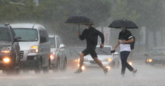 대전지역에 호우경보가 내려진 29일 오전 충남대학교 앞 횡단보도에서 한 시민이 우산을 쓰고 뛰어가고 있다. 신호철 기자
