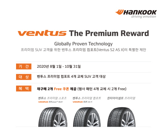 한국타이어는 오는 10월 31일까지 프리미엄 SUV 타이어 구매 고객을 대상으로 `벤투스 더 프리미엄 리워드` 이벤트를 벌인다. 사진=한국타이어 제공 
