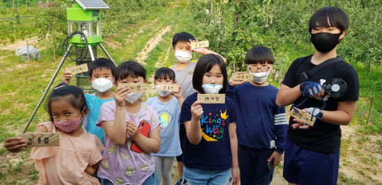 금산군 군북면 학생들이 다드림 마을학교에서 사과나무에 이름표를 달고 있다. 사진=충남도교육청 제공
