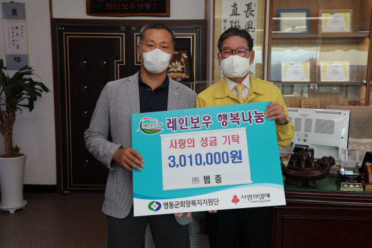 영동지역 범증업체 김종원(사진·좌측) 대표가 박세복(사진·우측) 군수에게 성금을 기탁했다. 사진=영동군 제공
