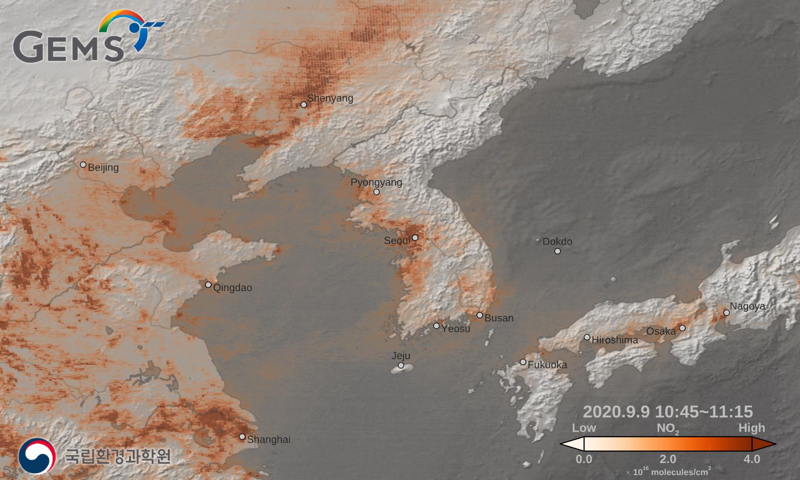 18일 천리안위성 2B호가 공개한 동북아시아 대기질 관측 자료. 사진=한국항공우주연구원 제공
