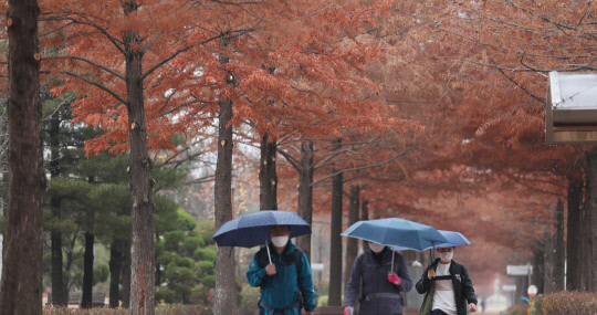 온화한 날씨속에 가을비가 내린 17일 대전 서구 엑스포시민공원에서 우산을 쓴 시민들이 발걸음을 옮기고 있다. 신호철 기자
