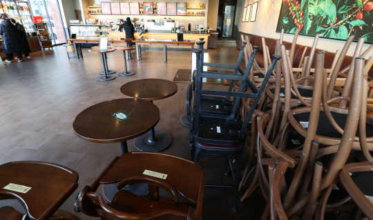 대전지역 사회적 거리두기가 2단계로 격상된 8일 대전 서구 둔산동 한 커피 전문점에 한 곳에 의자와 테이블이 치워져 있다. 신호철 기자

