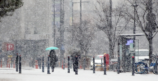 중부지방에 올겨울 첫 대설특보가 내려진 13일 오전 세종 종촌동에서 한 시민이 우산을 쓰고 지나가고 있다. 신호철 기자
