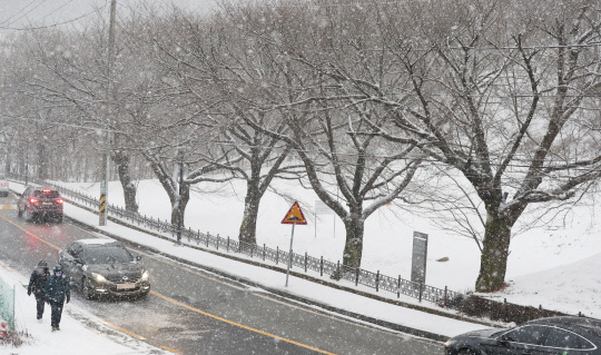 대전·충청 지역에 눈이 내린 1일 충남 공주시 한 도로에서 차량이 전조등을 켜고 지나가고 있다. 신호철 기자
