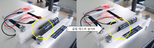 한국기초과학지원연구원이 자유 변형 전고체 이차전지를 개발해 굽힘 시험을 하고 있다.  사진=한국기초과학지원연구원 제공
