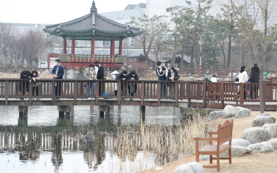 설 명절 연휴 마지막날인 14일 대전 서구 한밭수목원을 찾은 시민들이 산책을 즐기고 있다. 신호철 기자
