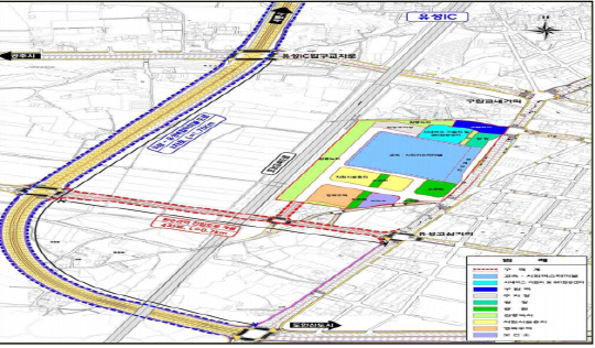 유성 광역복합환승센터 진입도로 개설공사. 빨간 선이 진입도로이며, 파란선은 외삼-유성 복합터미널 BRT연결도로. 사진=대전시 제공
