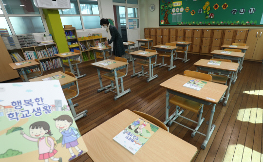 2021학년도 새학기 개학를 앞두고 23일 대전 서구 둔산초등학교 1학년 교실에서 교사가 학생들을 맞이할 준비를 하고 있다. 신호철 기자
