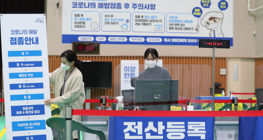 75세 이상 어르신에 대한 코로나19 백신 화이자 예방접종을 하루 앞둔 31일 오후 대전 유성구 예방접종센터에서 구청관계자들이 최종점검을 하고 있다. 신호철 기자
