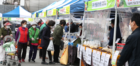 직거래 장터인 충청로컬푸드마켓이 17일 대전일보사 야외주차장에서 정식 개장했다. 장터를 찾은 시민들이 지역 농산물을 고르고 있다. 신호철 기자
