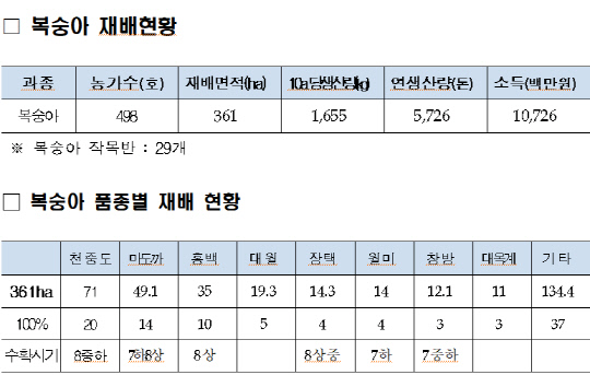 세종시 복숭아 재배 및 품종별 재배현황(2021년 1월 기준). 사진=세종시 제공
