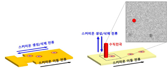 기존 2차원 스커미온 소자(왼쪽)와 KRISS 연구팀이 개발한 3차원 수직전극 스커미온 소자. 사진=표준연 제공
