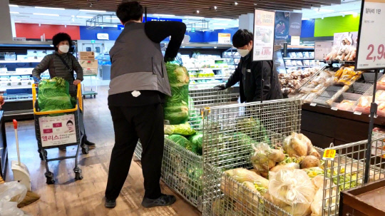 22일 대전 서구 이마트 둔산점에서 한 소비자가 배추를 쇼핑 카트에 담고 있다. 사진=정민지 기자
