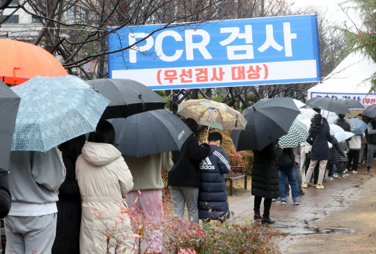 지난 13일 대전시청광장에 마련된 임시선별검사소를 찾은 시민들이 우산을 쓴 채 검사순서를 기다리고 있다. 최은성 기자
