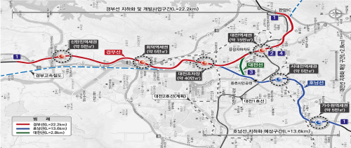 대전 도심 통과 경부·호남선 24㎞ 지하화 개발사업 구간. 사진=대전시 제공