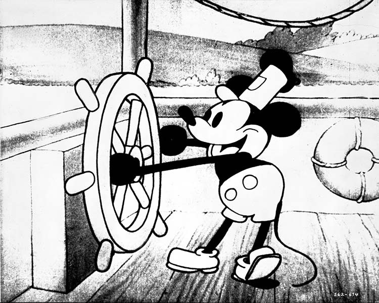 2024년 1월 1일부터 저작권 보호 기간 95년이 만료돼 공개 도메인으로 전환한 디즈니 제작 흑백 단편 애니메이션 '증기선 윌리'에 등장하는 초기 형태의 미키 마우스