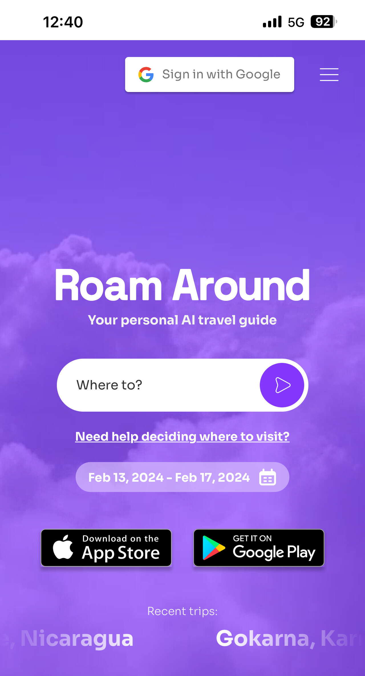 AI를 여행에도 활용한 서비스가 증가할 것으로 보인다. 챗봇을 활용해 여행계획을 세워주는 Roam Around 모바일 사이트 캡처