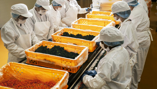 냉동김밥 생산라인에서 직원들이 작업을 하고 있다. 사진=(주) 광천김