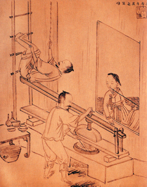 기산 김준근이 1882-1885년 경 그린 의 '국수 누르는 모양'. 한 남자가 지렛대를 눌러 국수를 뽑기 위해 공중에 매달린 채 안간힘을 쓰고 있다.