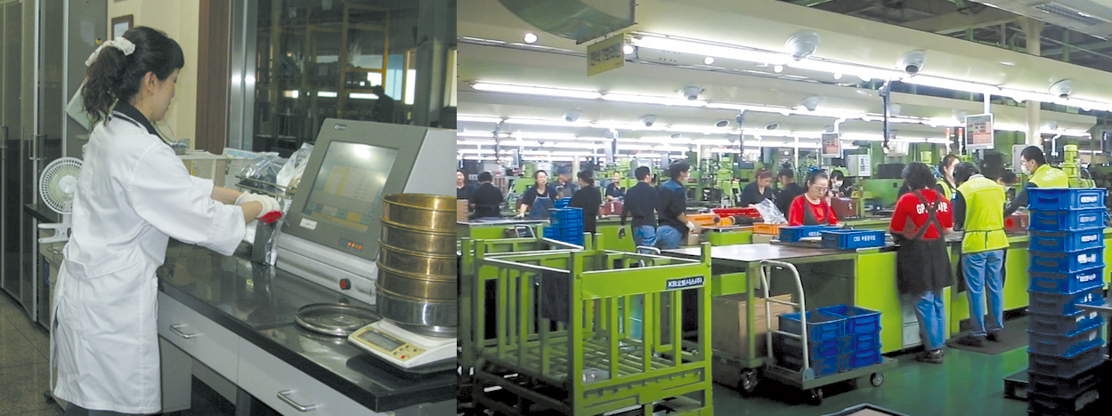 충남 아산의 향토기업 KB오토시스는 차량용 브레이크 패드 전문기업이다. 현대기아차에 들어가는 브레이크의 38%를 공급하고 있으며 국내 전기차용 마찰재 시장 90%를 차지하고 있다. 사진은 KB오토시스 직원이 완제품을 검사하고 있는 모습(왼쪽)과 아산 공장에서 직원들이 마지막 공정인 연삭작업을 하는 모습.  KB오토시스 제공